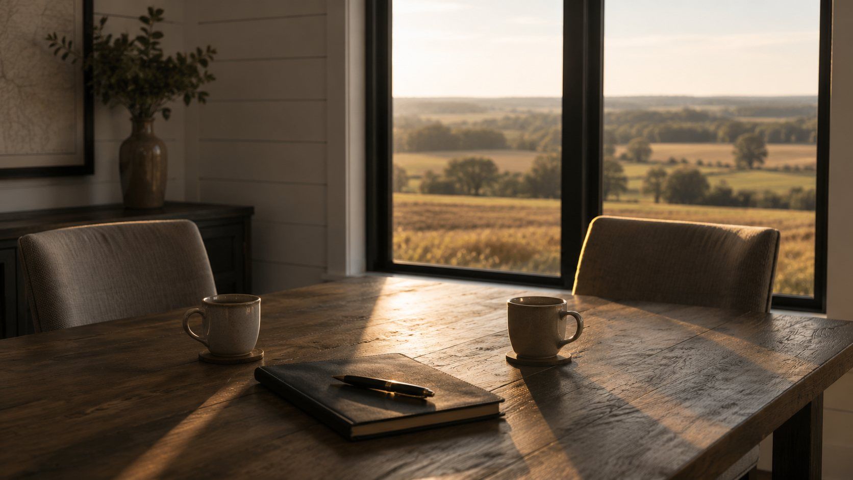 A dining table at a South Dakota farmhouse with the fields beyond