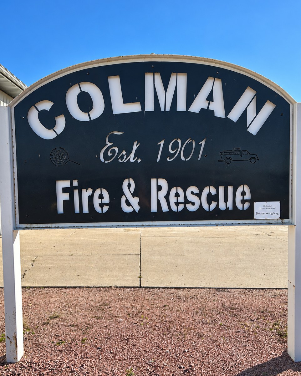The Colman Fire & Rescue sign in Colman, South Dakota, donated by the Wangberg family in memory of Kenny Wangberg, where Tye Wangberg has volunteered since graduating high school