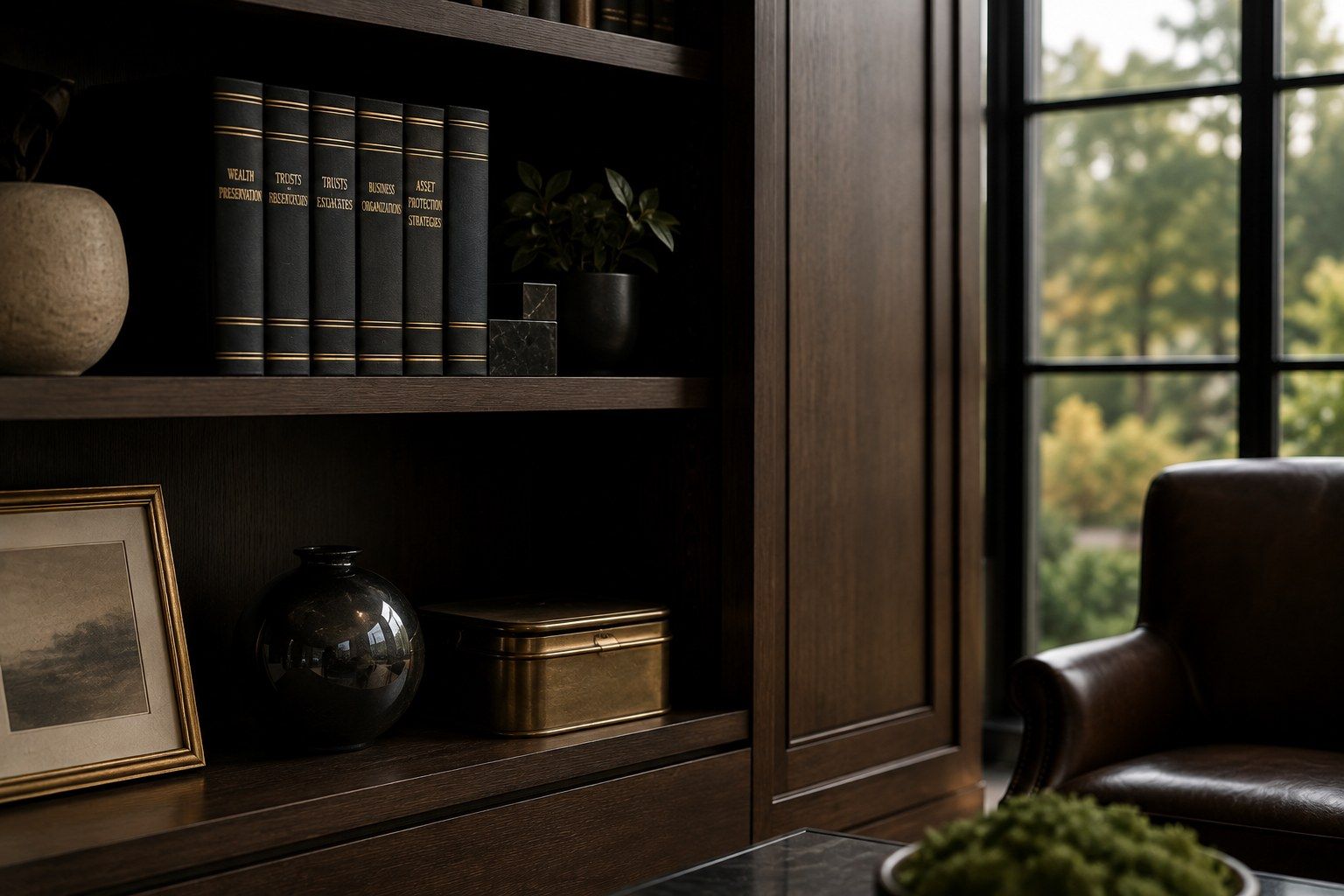Legal reference volumes on wealth preservation and asset protection on an office shelf