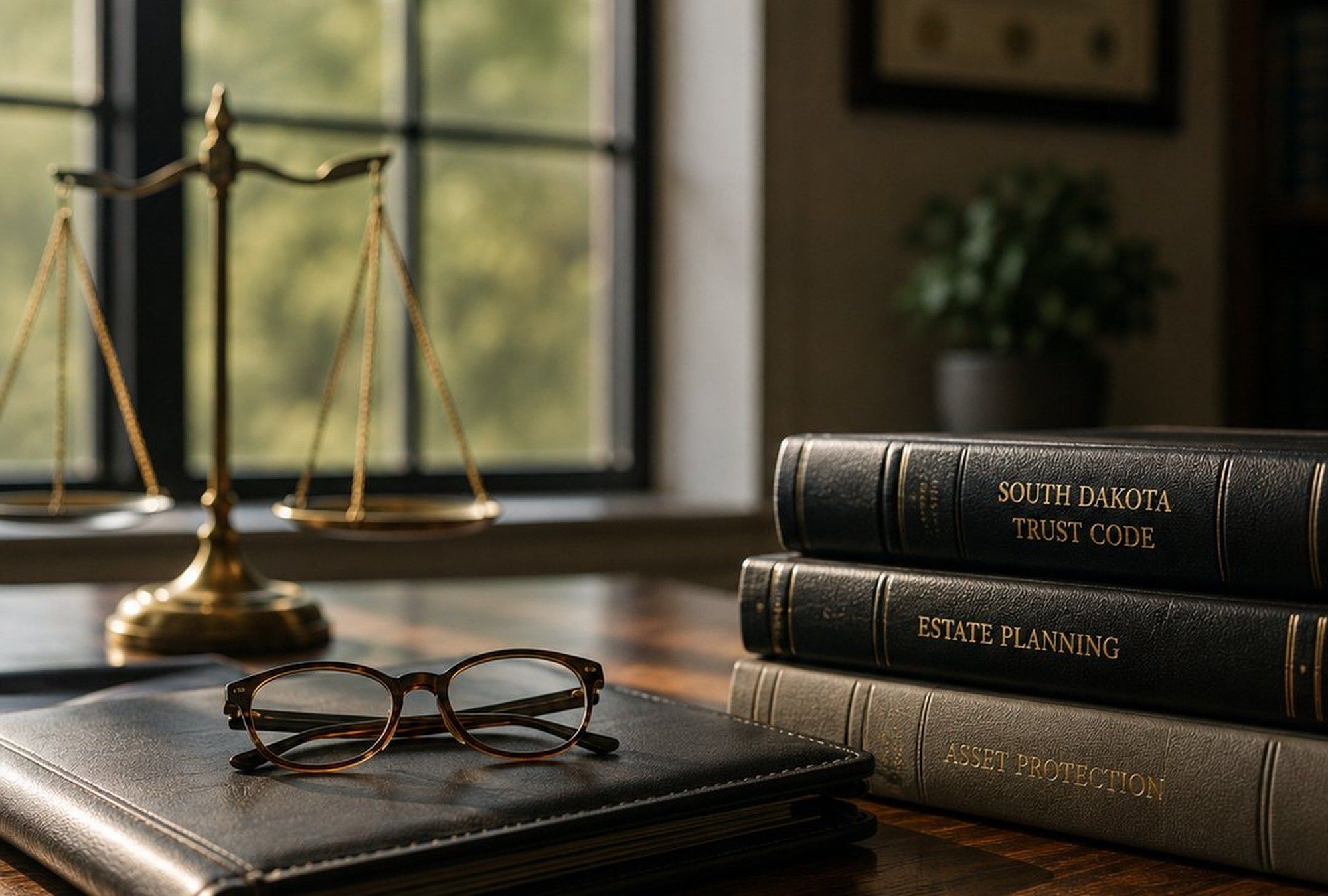 A desk with bound volumes including the South Dakota trust code, and a framed admission certificate beyond