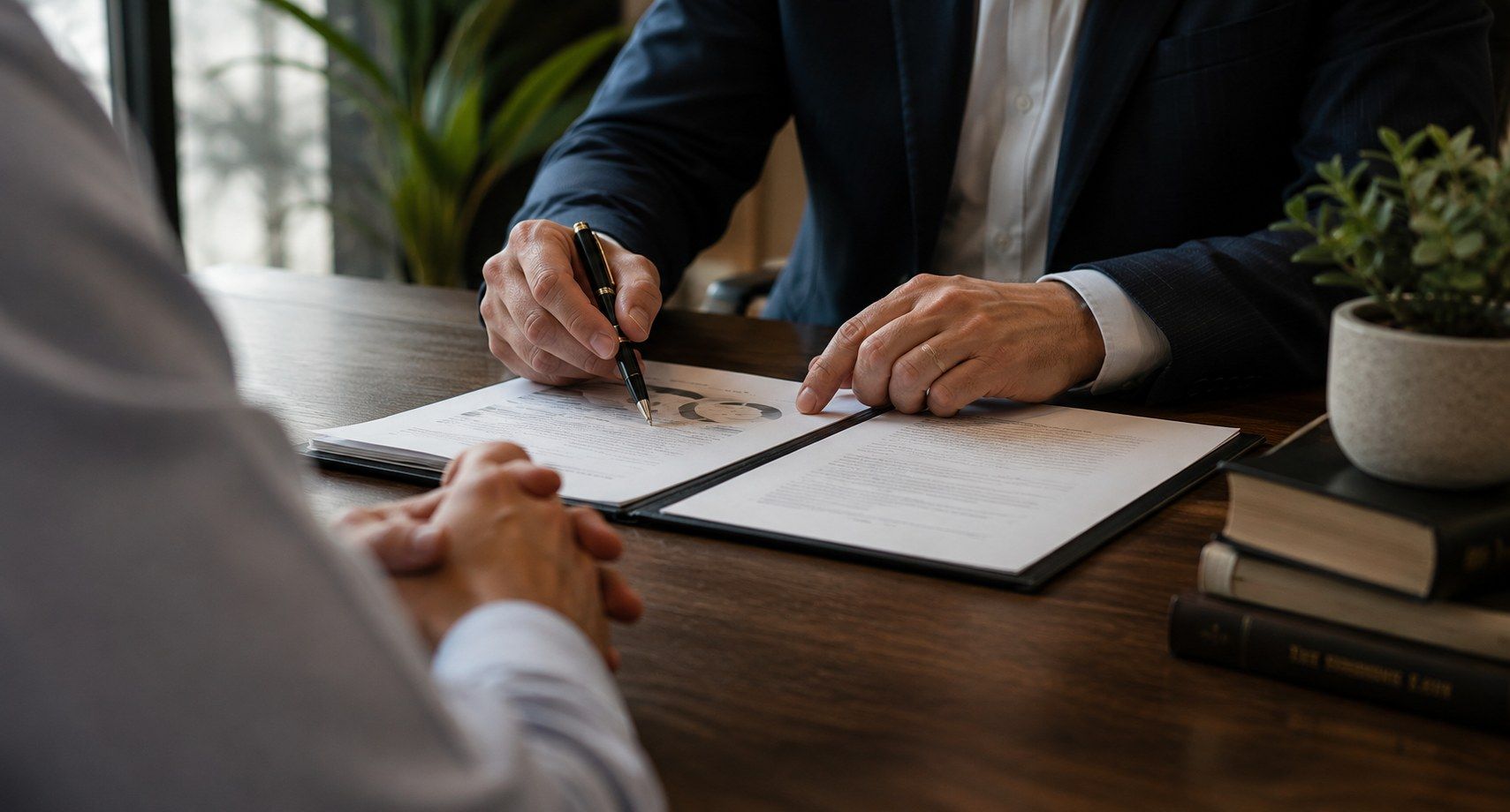 An attorney pointing out a provision in a document to a client