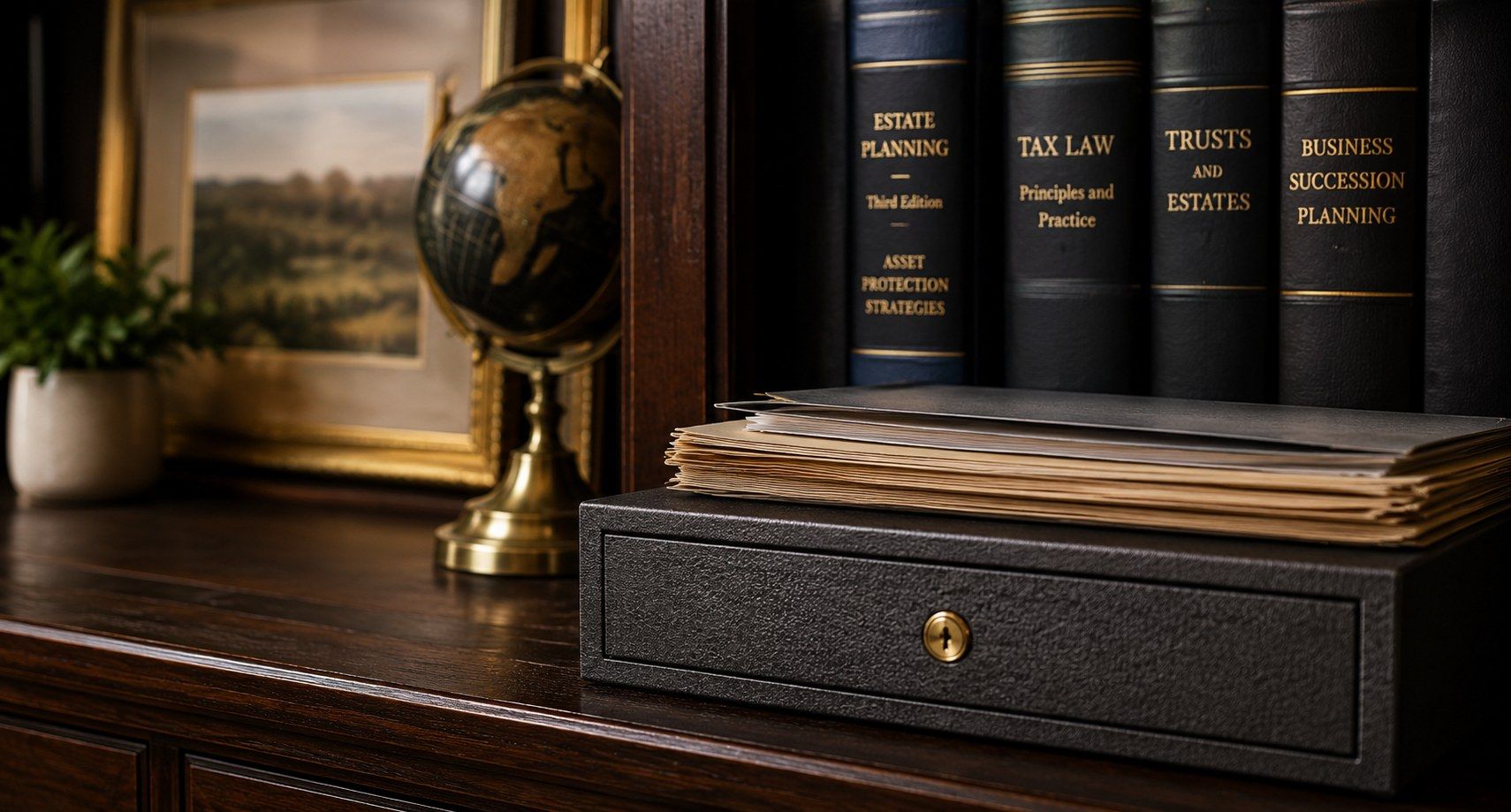 A locked document box beside legal reference volumes on asset protection and estate planning